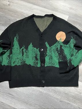 SHEIN Black Cardigan with Green Forest and Orange Sun